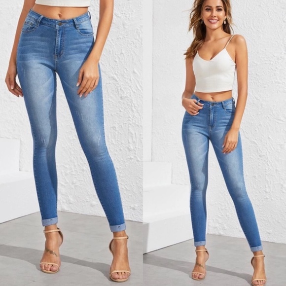 medium wash stonewash faded cuffed skinny jeans - Picture 6 of 7